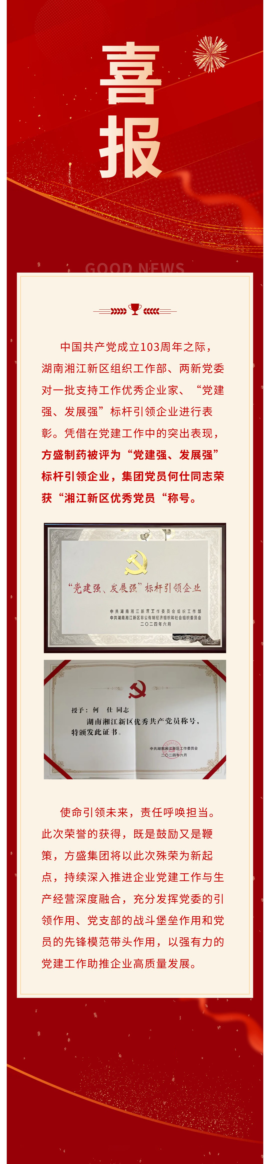 喜报｜龙八国际制药荣获“党建强、生长强”标杆引领企业称呼、何仕同志荣获“湘江新区优异党员“称呼_龙八国际